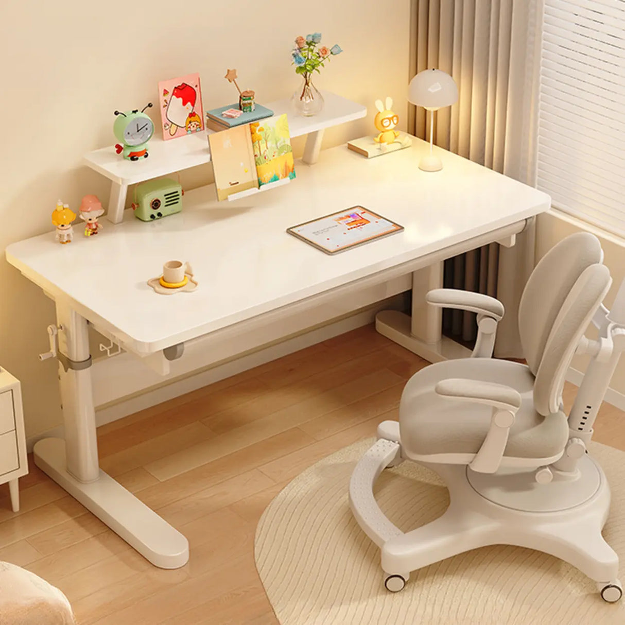 Ergonomic Adjustable Height White Kids Desk with Drawer Image - 7