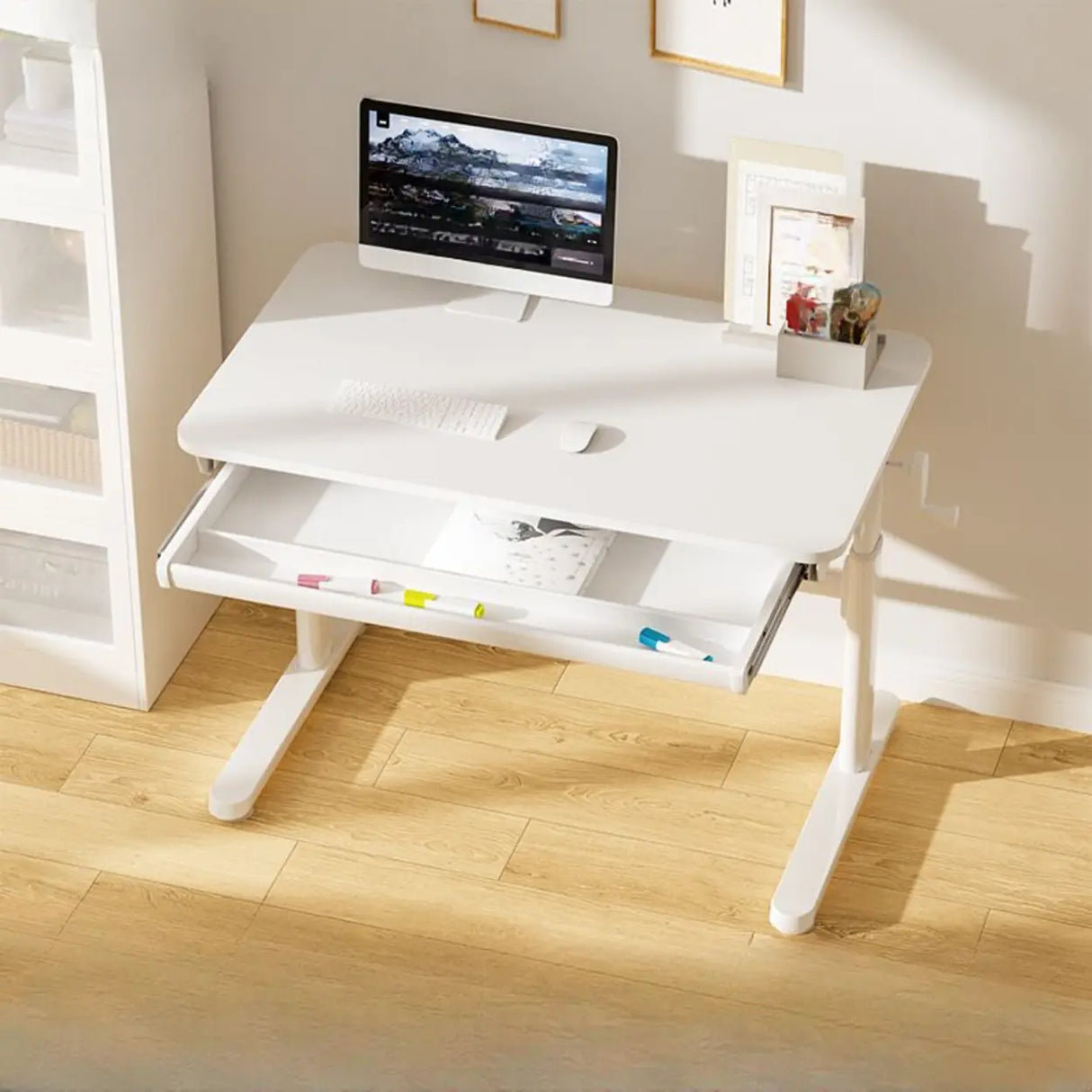 Ergonomic Adjustable Height White Kids Writing Desk Image - 3