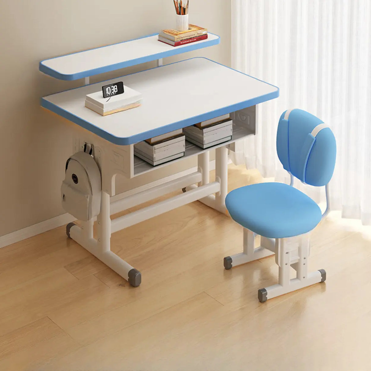 Ergonomic Adjustable White Kids Desk with Storage Shelf Image - 11