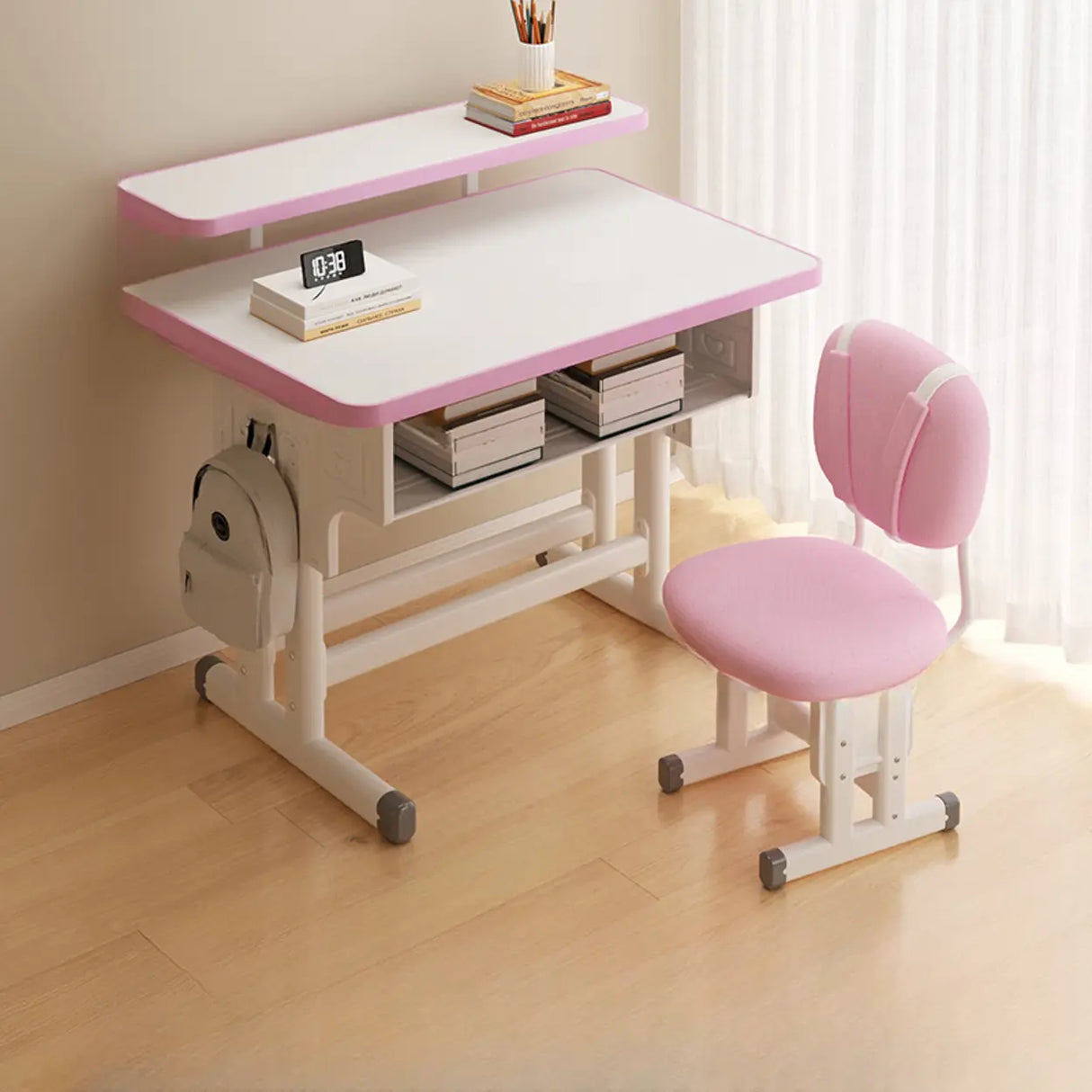 Ergonomic Adjustable White Kids Desk with Storage Shelf Image - 12