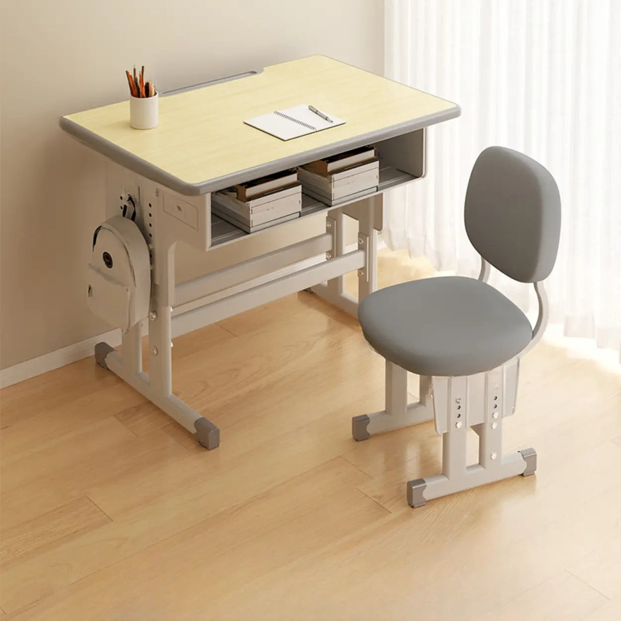 Ergonomic Adjustable White Kids Desk with Storage Shelf Image - 2