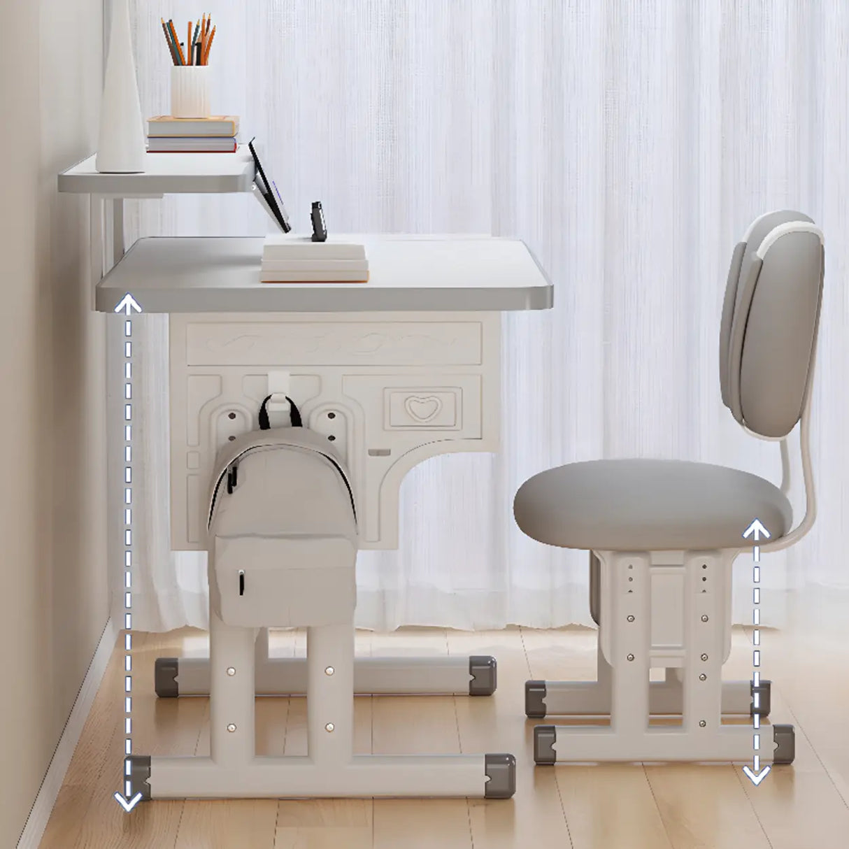 Ergonomic Adjustable White Kids Desk with Storage Shelf Image - 4