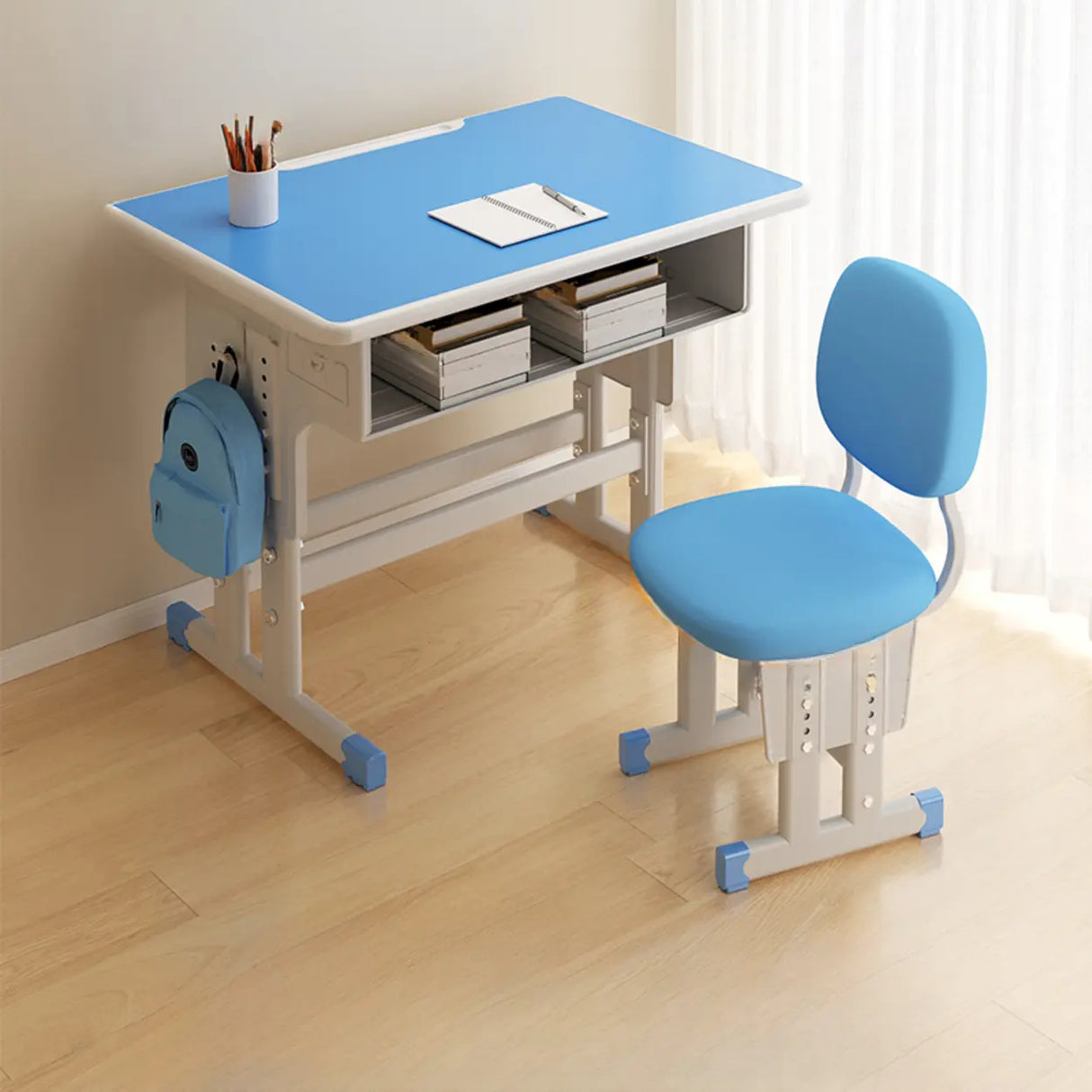 Ergonomic Adjustable White Kids Desk with Storage Shelf Image - 5