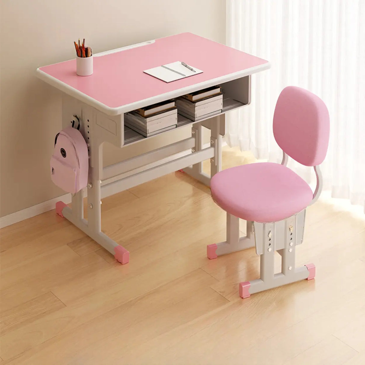 Ergonomic Adjustable White Kids Desk with Storage Shelf Image - 7