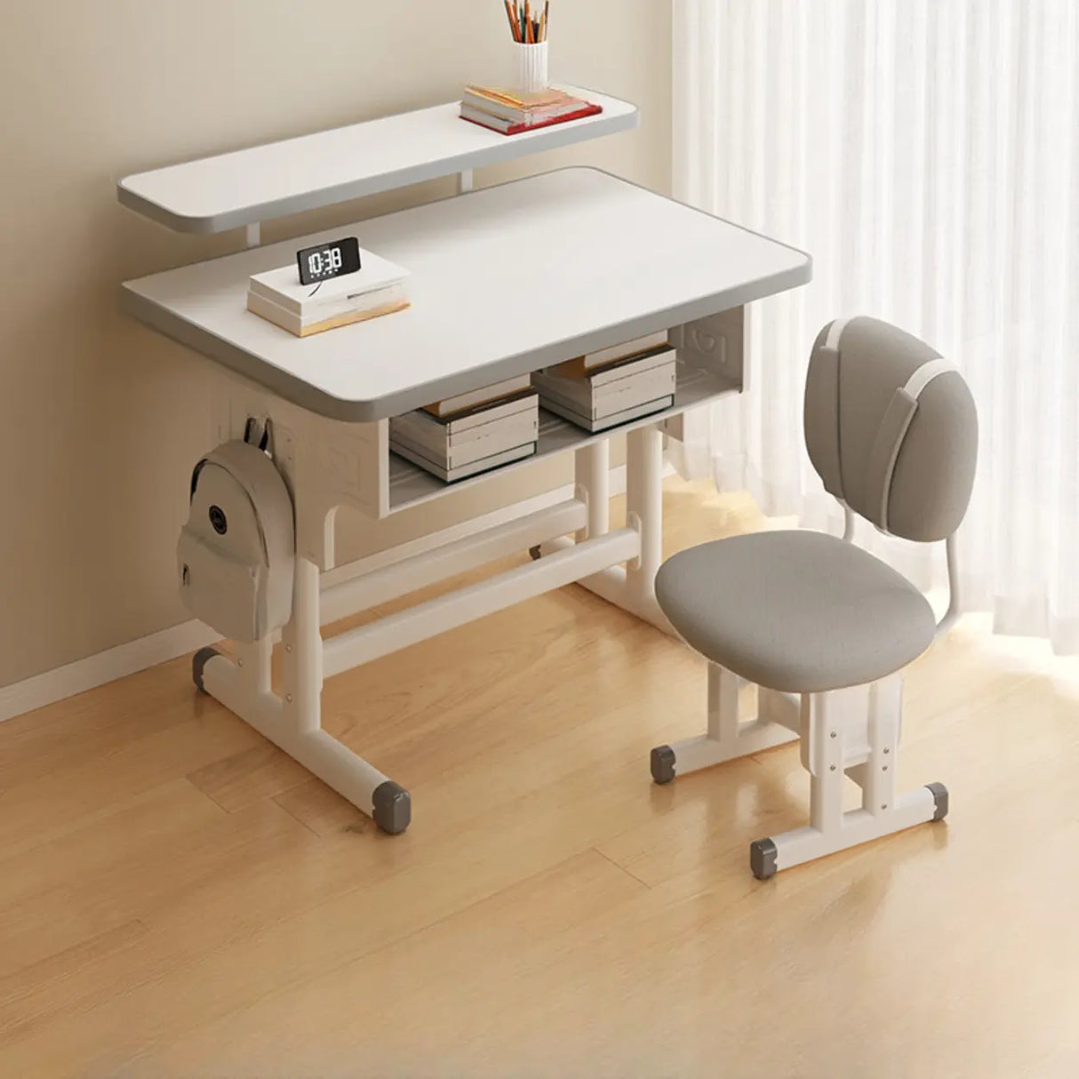 Ergonomic Adjustable White Kids Desk with Storage Shelf Image - 9