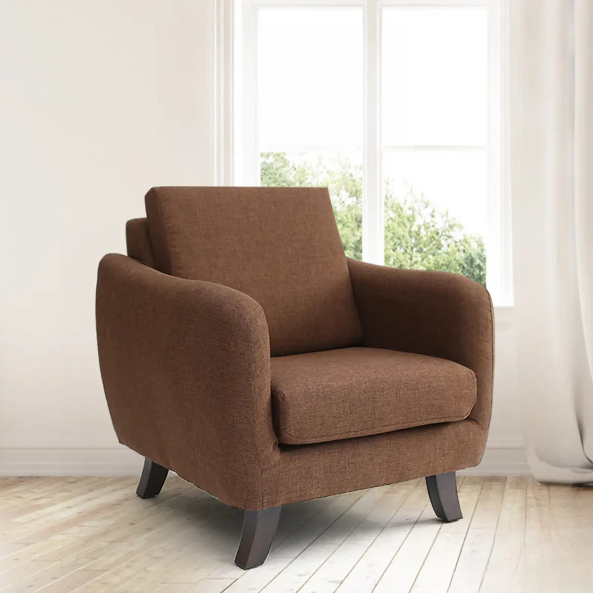 Ergonomic Brown Linen Loose Back Wood Frame Arm Chair Image - 1