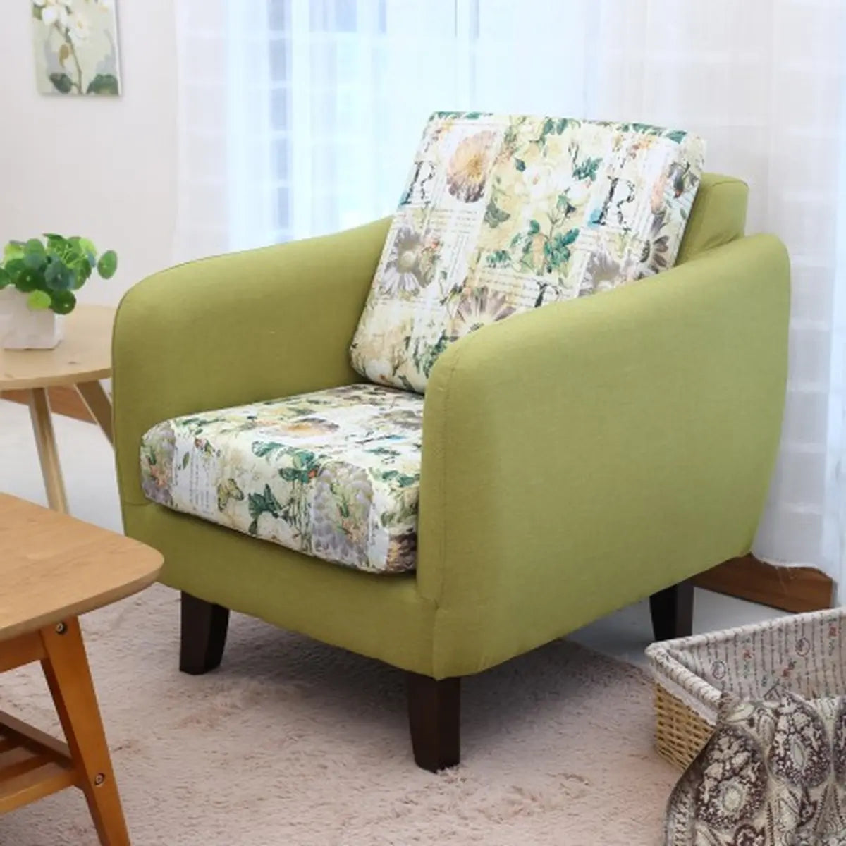 Ergonomic Brown Linen Loose Back Wood Frame Arm Chair Image - 28