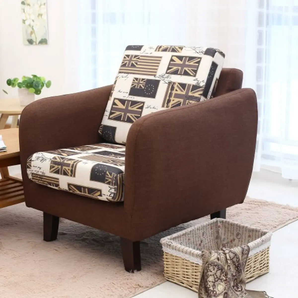 Ergonomic Brown Linen Loose Back Wood Frame Arm Chair Image - 29