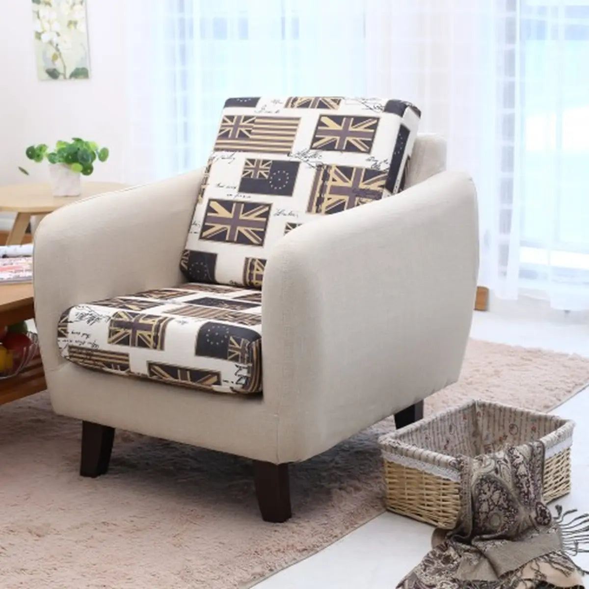 Ergonomic Brown Linen Loose Back Wood Frame Arm Chair Image - 30