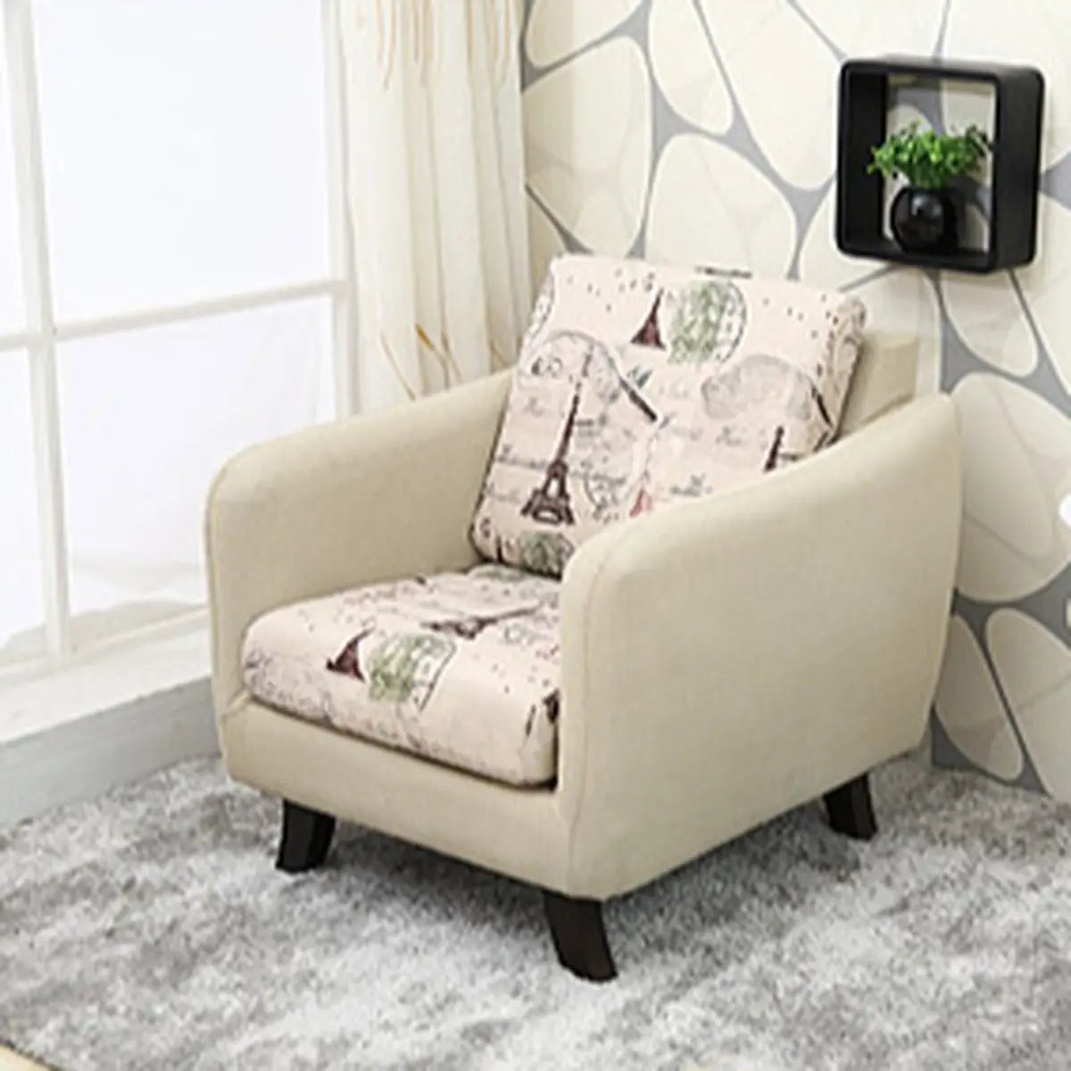 Ergonomic Brown Linen Loose Back Wood Frame Arm Chair Image - 4