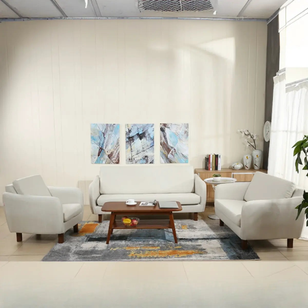 Ergonomic Brown Linen Loose Back Wood Frame Arm Chair Image - 8