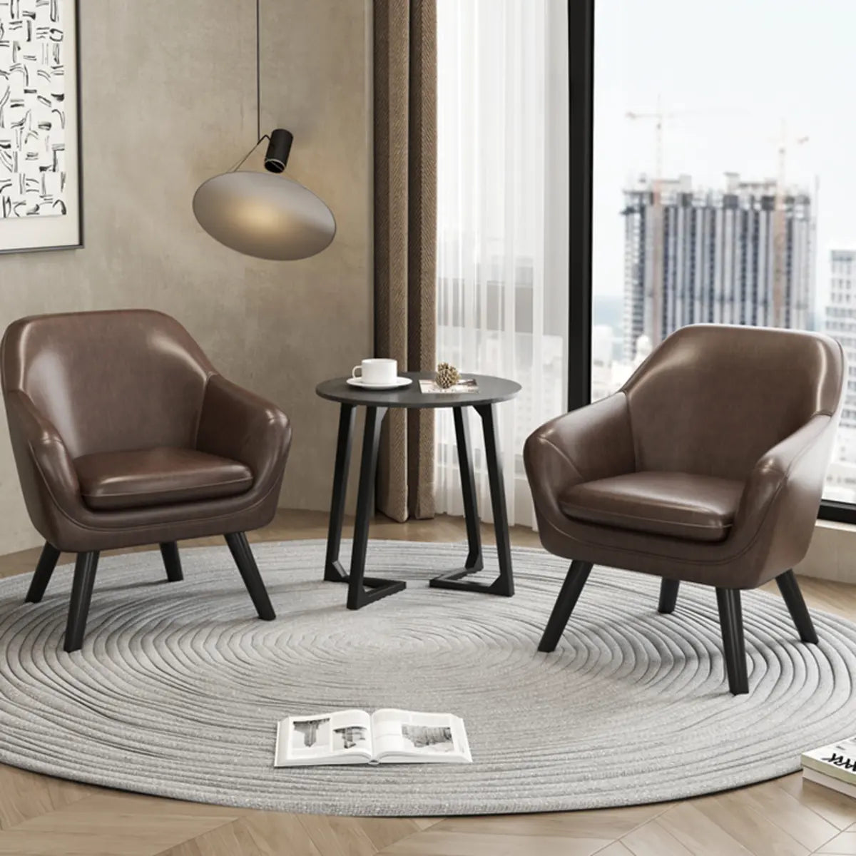 Ergonomic Brown Oiled Leather Fixed Back Accent Chair Image - 1