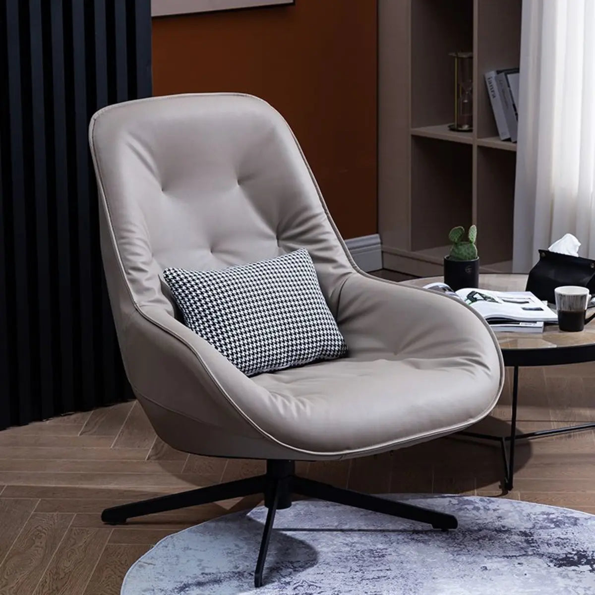 Ergonomic Leather Tufted Back Tufted Swivel Accent Chair Image - 3