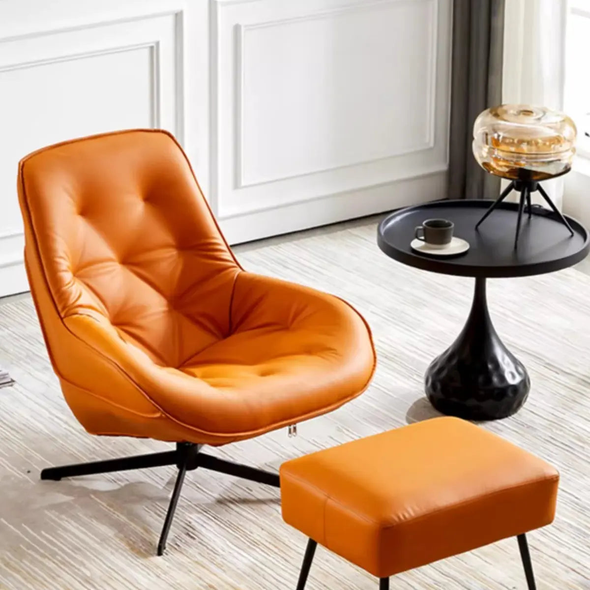 Ergonomic Leather Tufted Back Tufted Swivel Accent Chair Image - 4