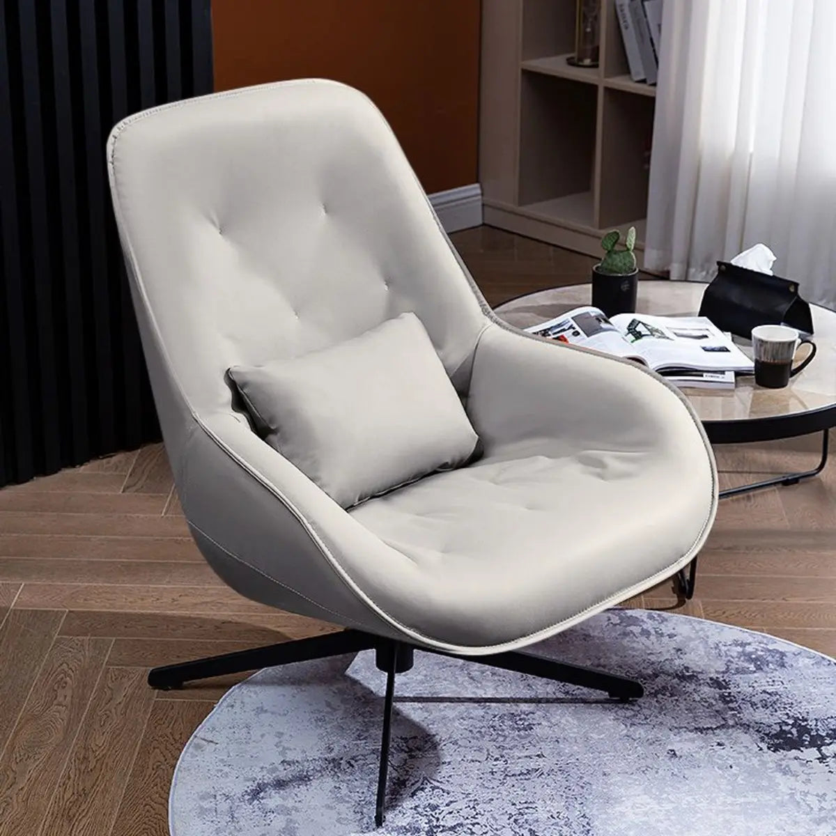 Ergonomic Leather Tufted Back Tufted Swivel Accent Chair Image - 5