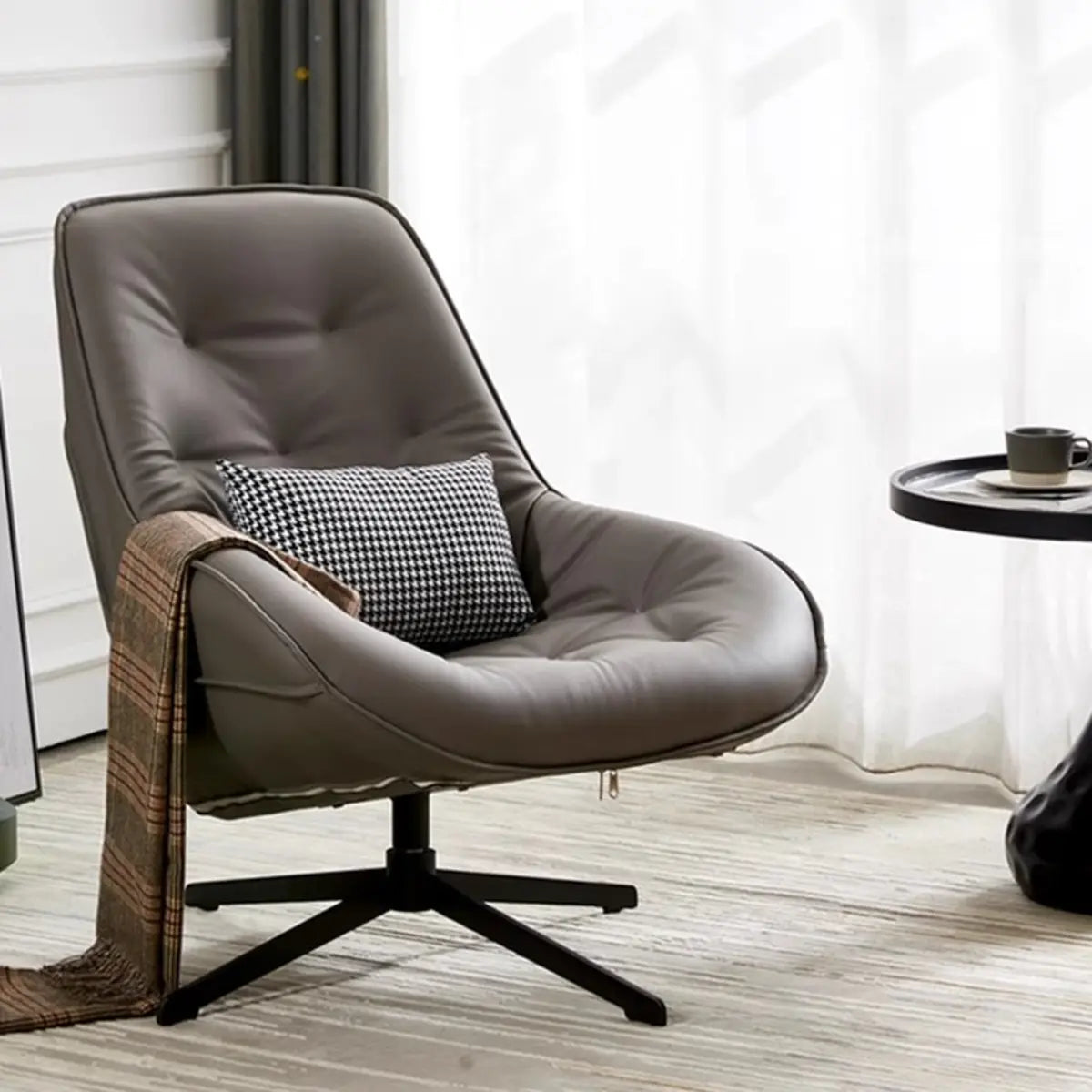 Ergonomic Leather Tufted Back Tufted Swivel Accent Chair Image - 6