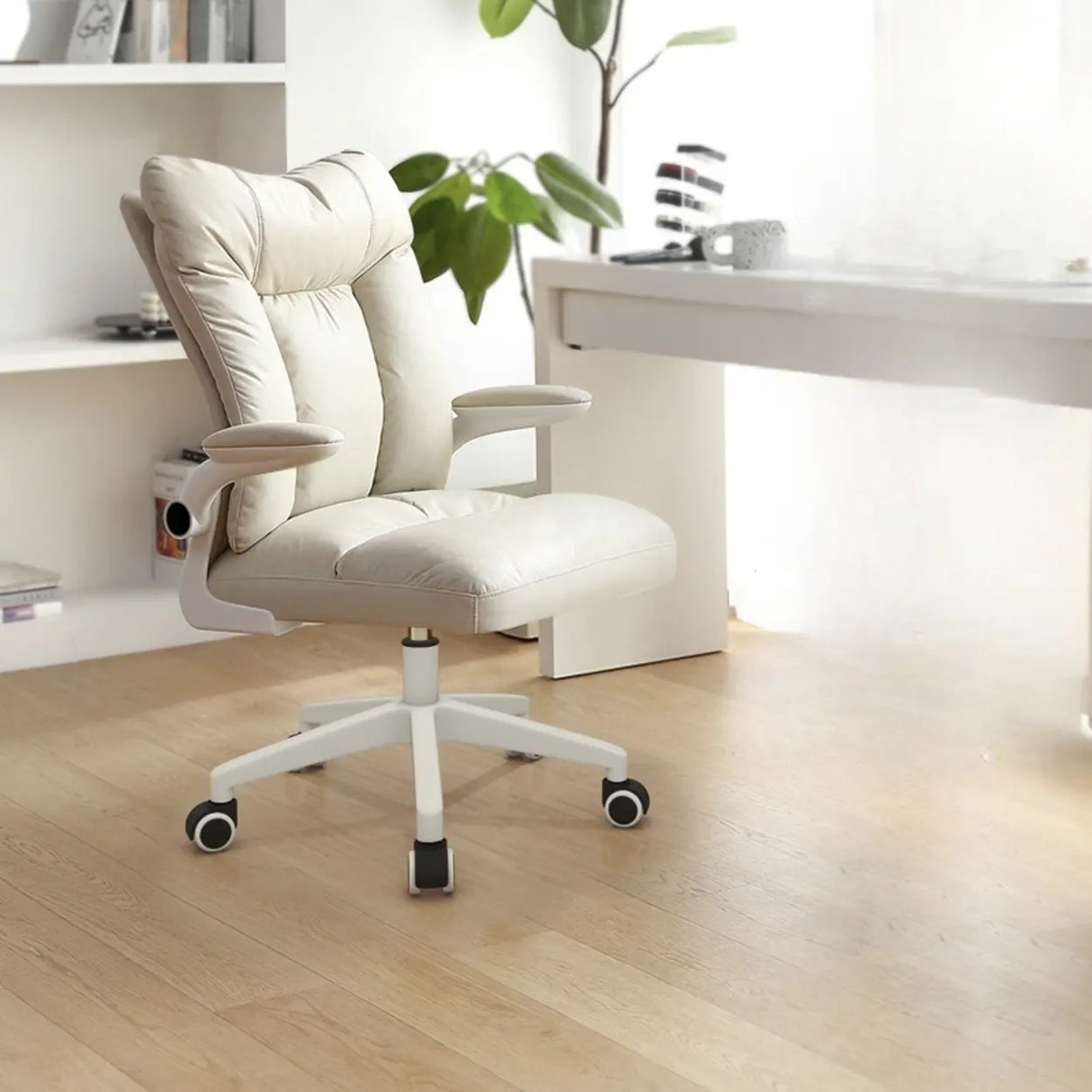 Ergonomic Off-White Modern Swivel Office Chair Image - 11