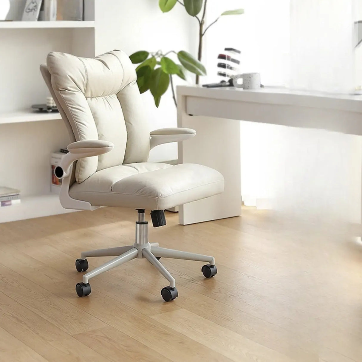 Ergonomic Off-White Modern Swivel Office Chair Image - 9