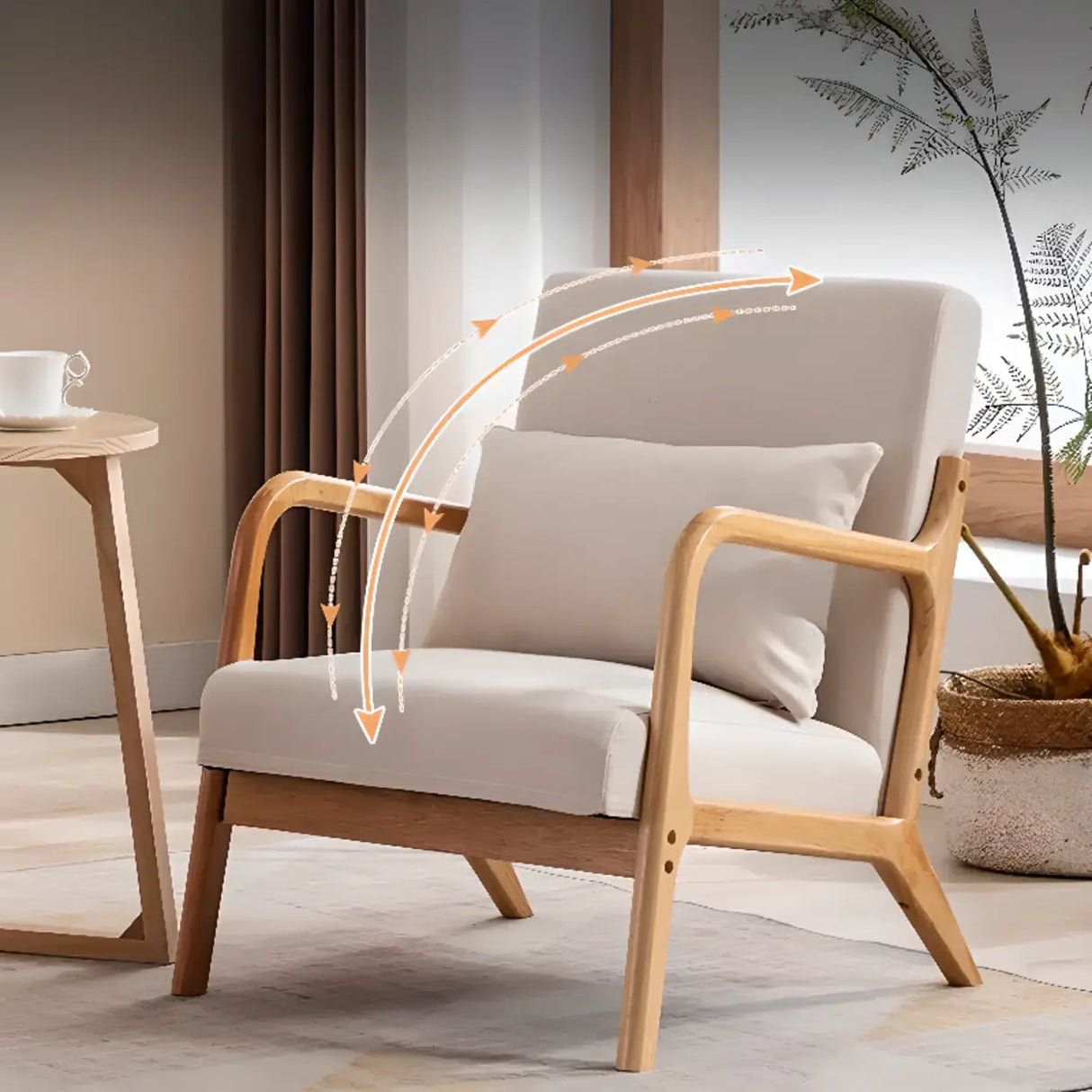 Ergonomic Off-White Removable Cushions Wooden Arm Chair Image - 1