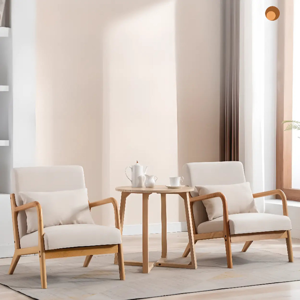 Ergonomic Off-White Removable Cushions Wooden Arm Chair Image - 10