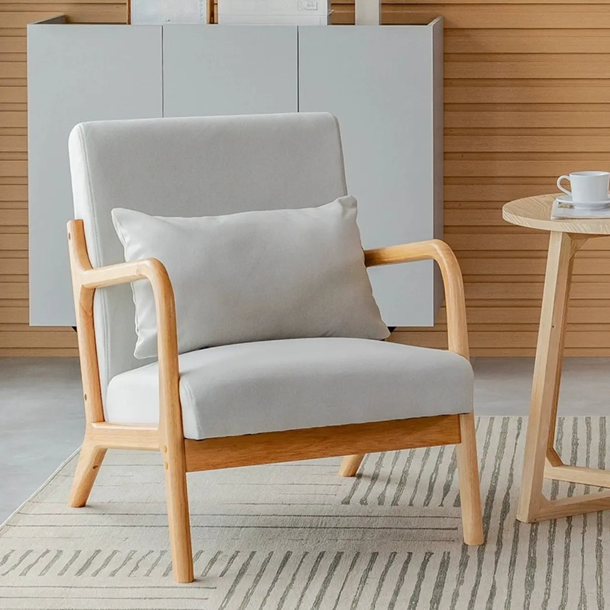 Ergonomic Off-White Removable Cushions Wooden Arm Chair Image - 11