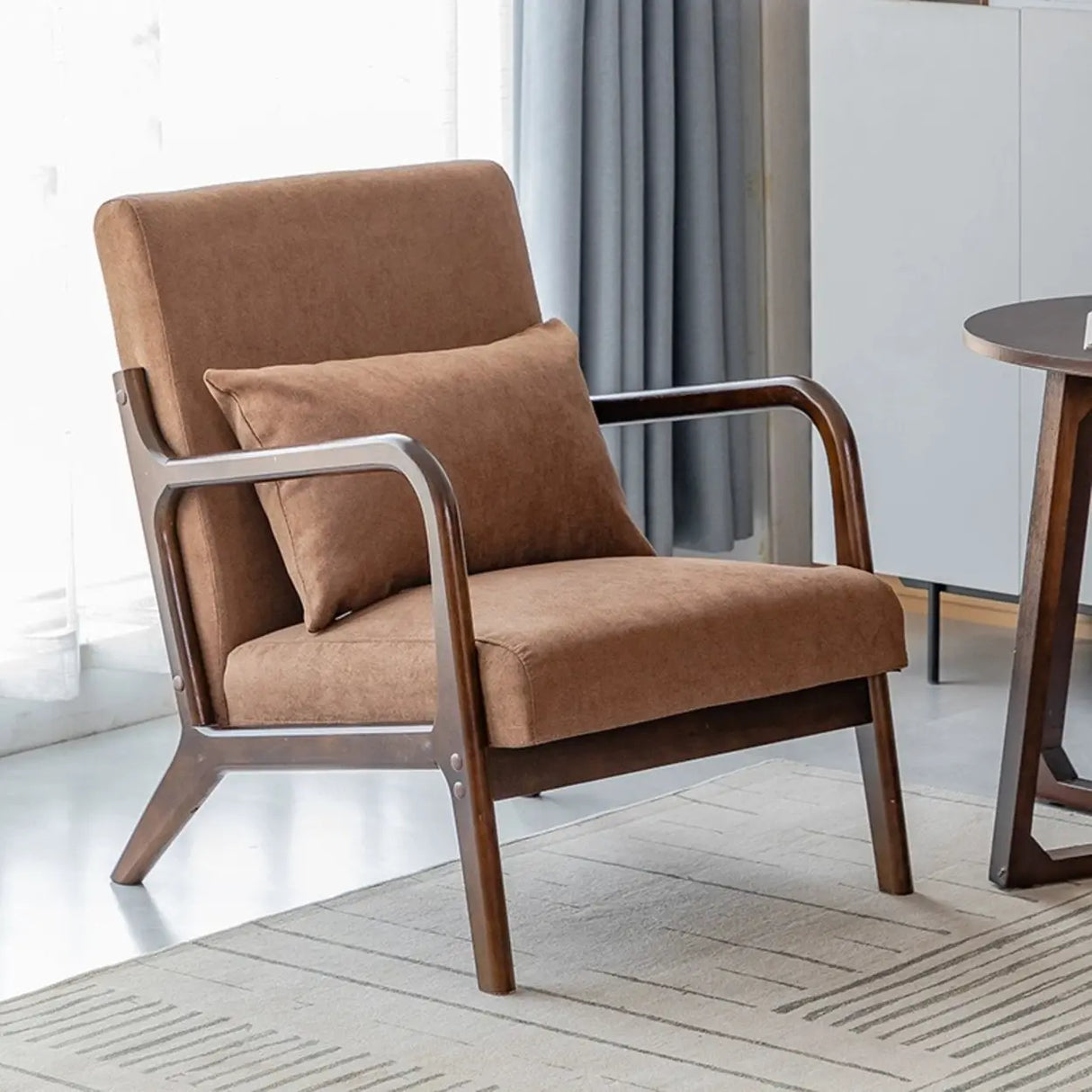 Ergonomic Off-White Removable Cushions Wooden Arm Chair Image - 2