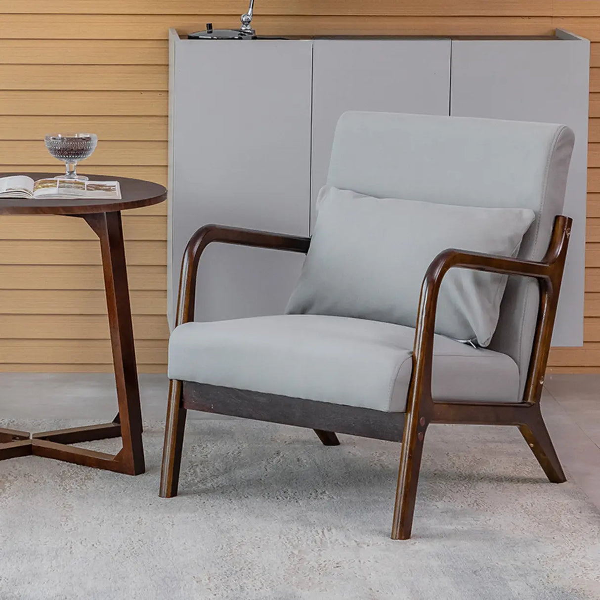 Ergonomic Off-White Removable Cushions Wooden Arm Chair Image - 3