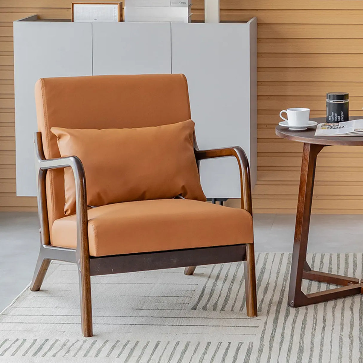 Ergonomic Off-White Removable Cushions Wooden Arm Chair Image - 7