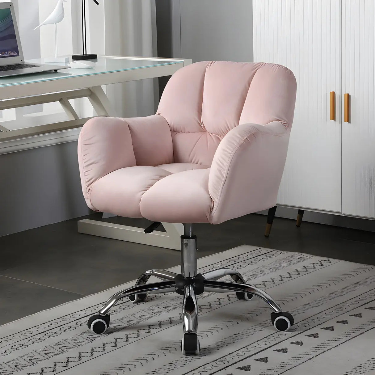 Ergonomic Pink Plush Cozy Velvet Armless Office Chair Image - 1