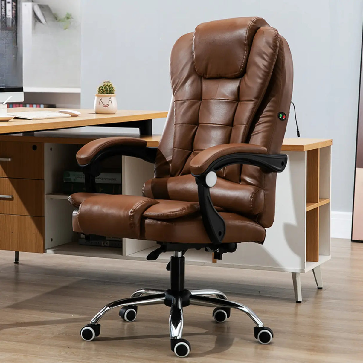Ergonomic Reclining Leather Swivel Office Chair with Wheels Image - 13