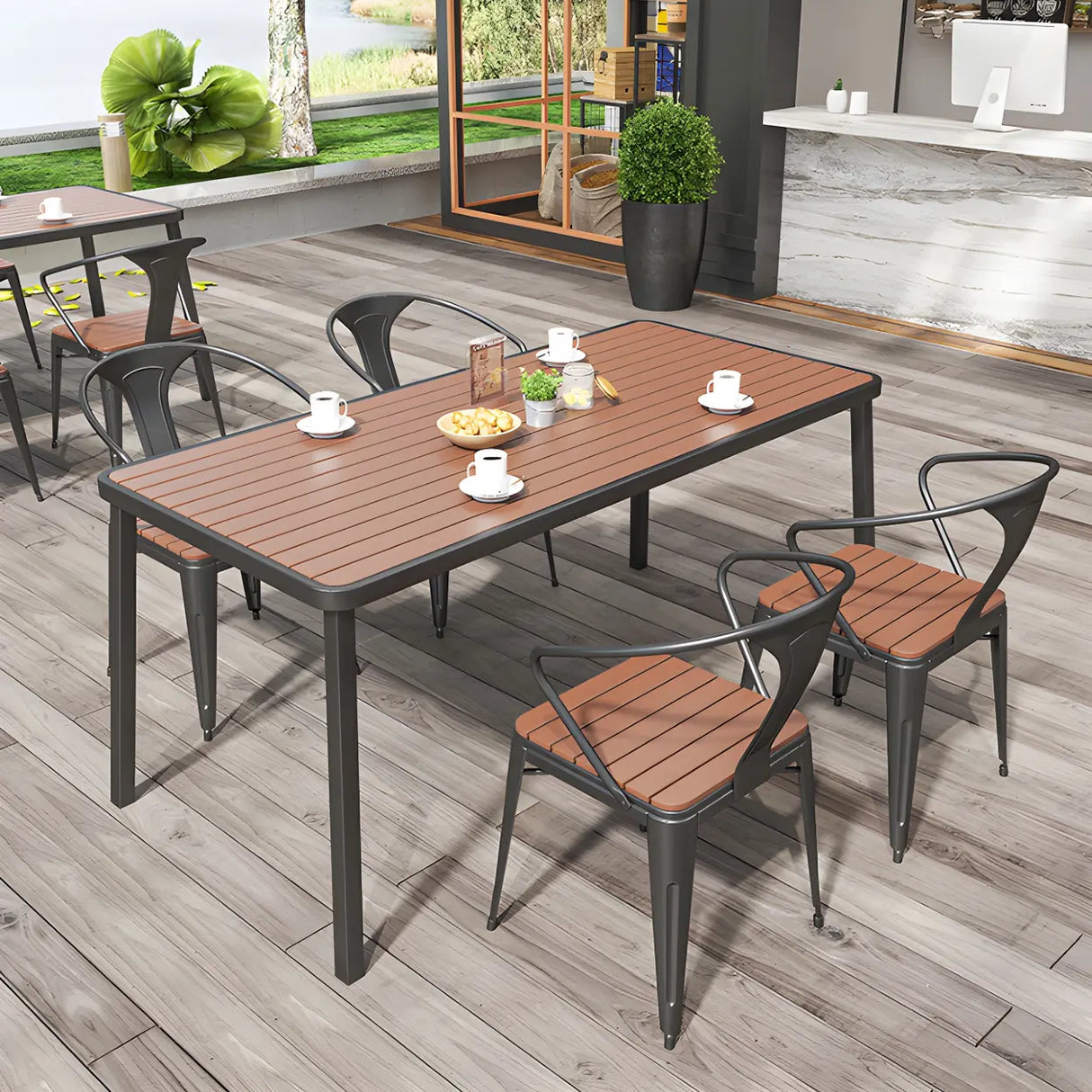 Espresso Wood Tone Square Metal Outdoor Coffee Table Image - 21