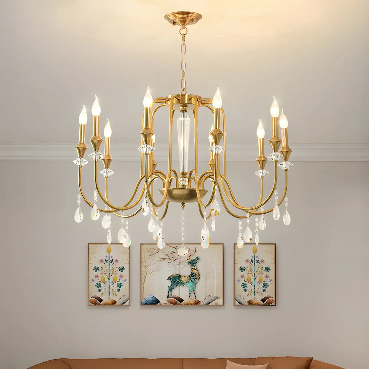 European Candle Bulbs and Crystal Drops Gold Chandelier Image - 1