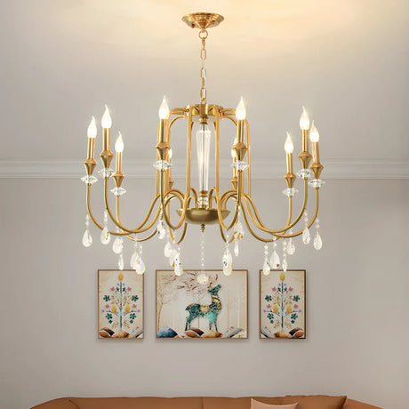 European Candle Bulbs and Crystal Drops Gold Chandelier Image - 1