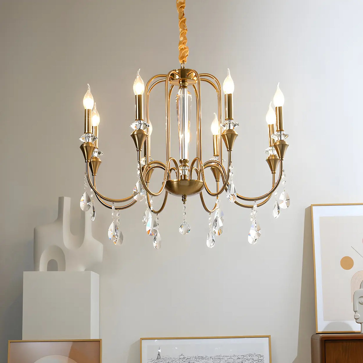 European Candle Bulbs and Crystal Drops Gold Chandelier Image - 10