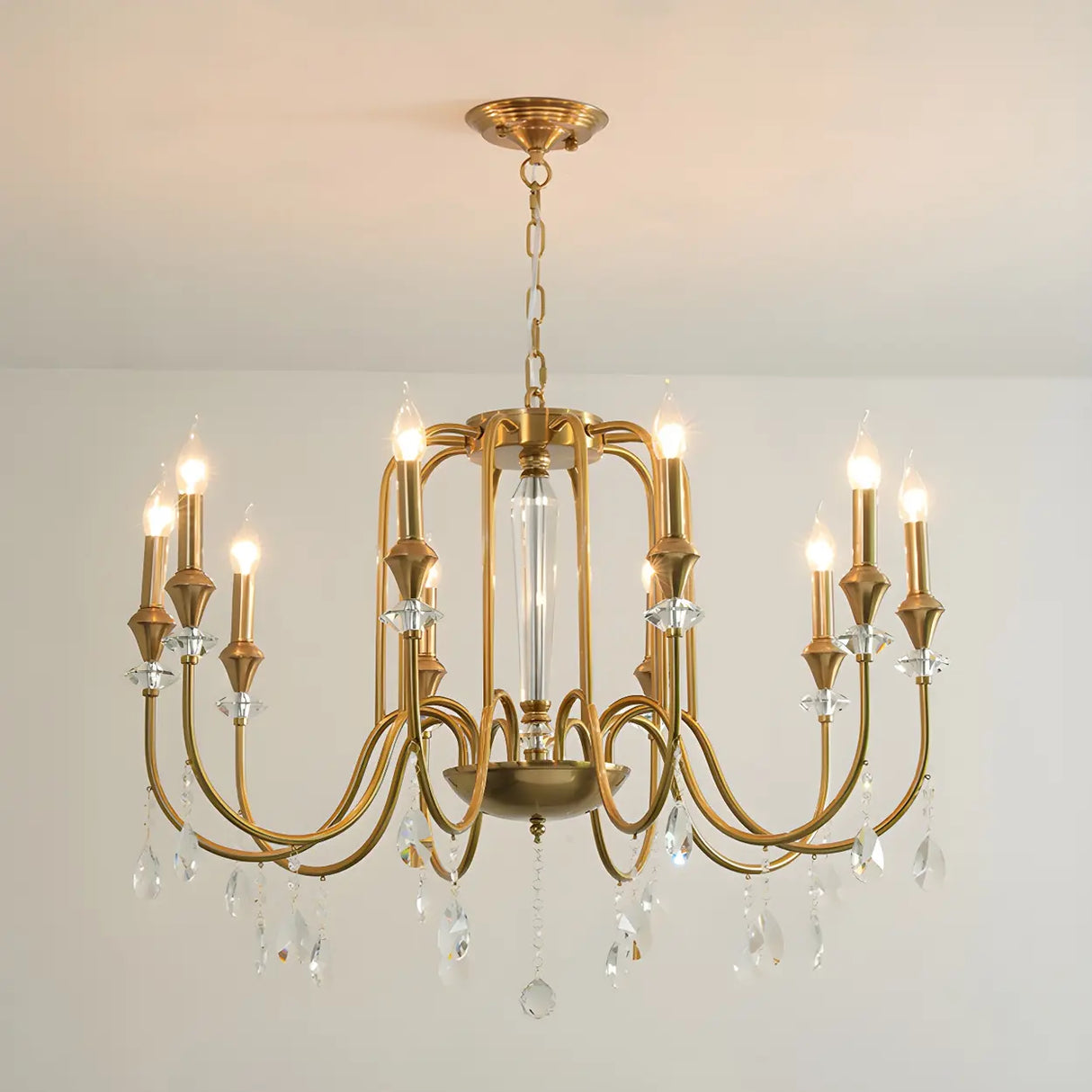 European Candle Bulbs and Crystal Drops Gold Chandelier Image - 11