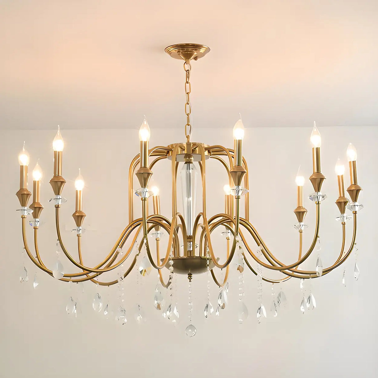 European Candle Bulbs and Crystal Drops Gold Chandelier Image - 12