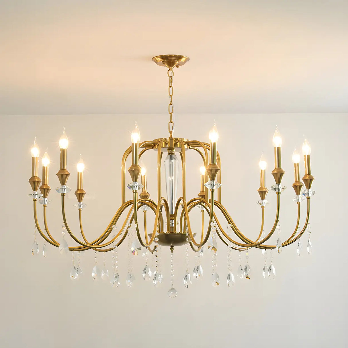 European Candle Bulbs and Crystal Drops Gold Chandelier Image - 13