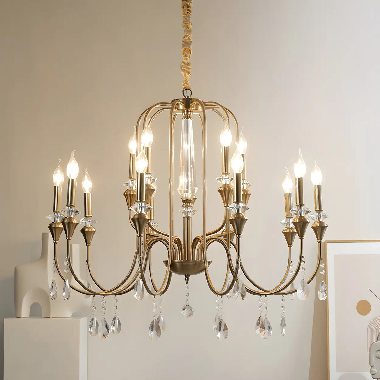 European Candle Bulbs and Crystal Drops Gold Chandelier Image - 14