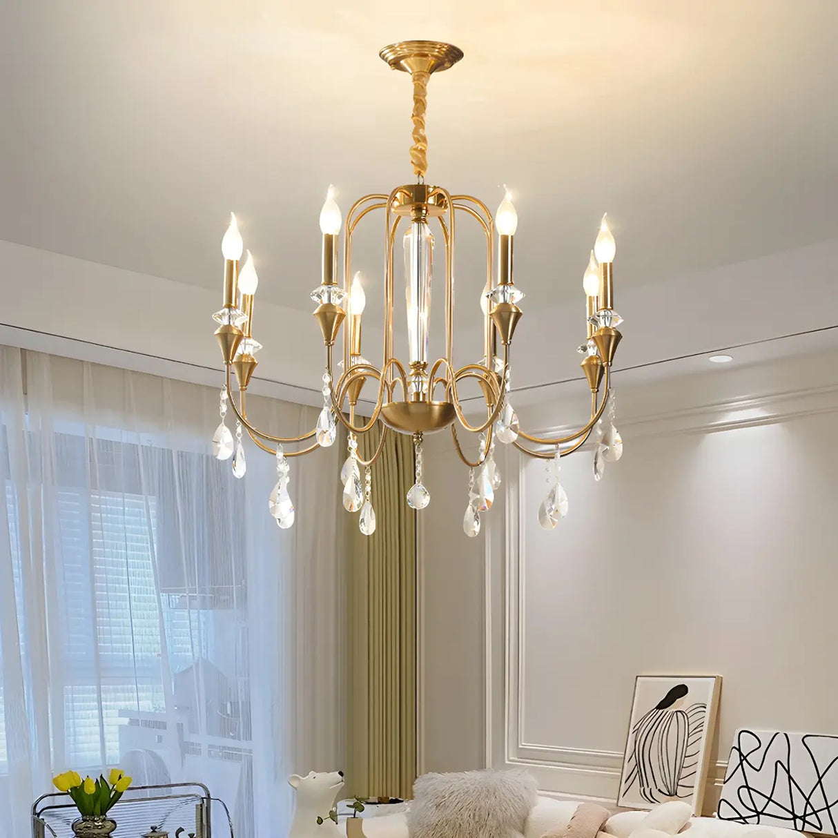 European Candle Bulbs and Crystal Drops Gold Chandelier Image - 2