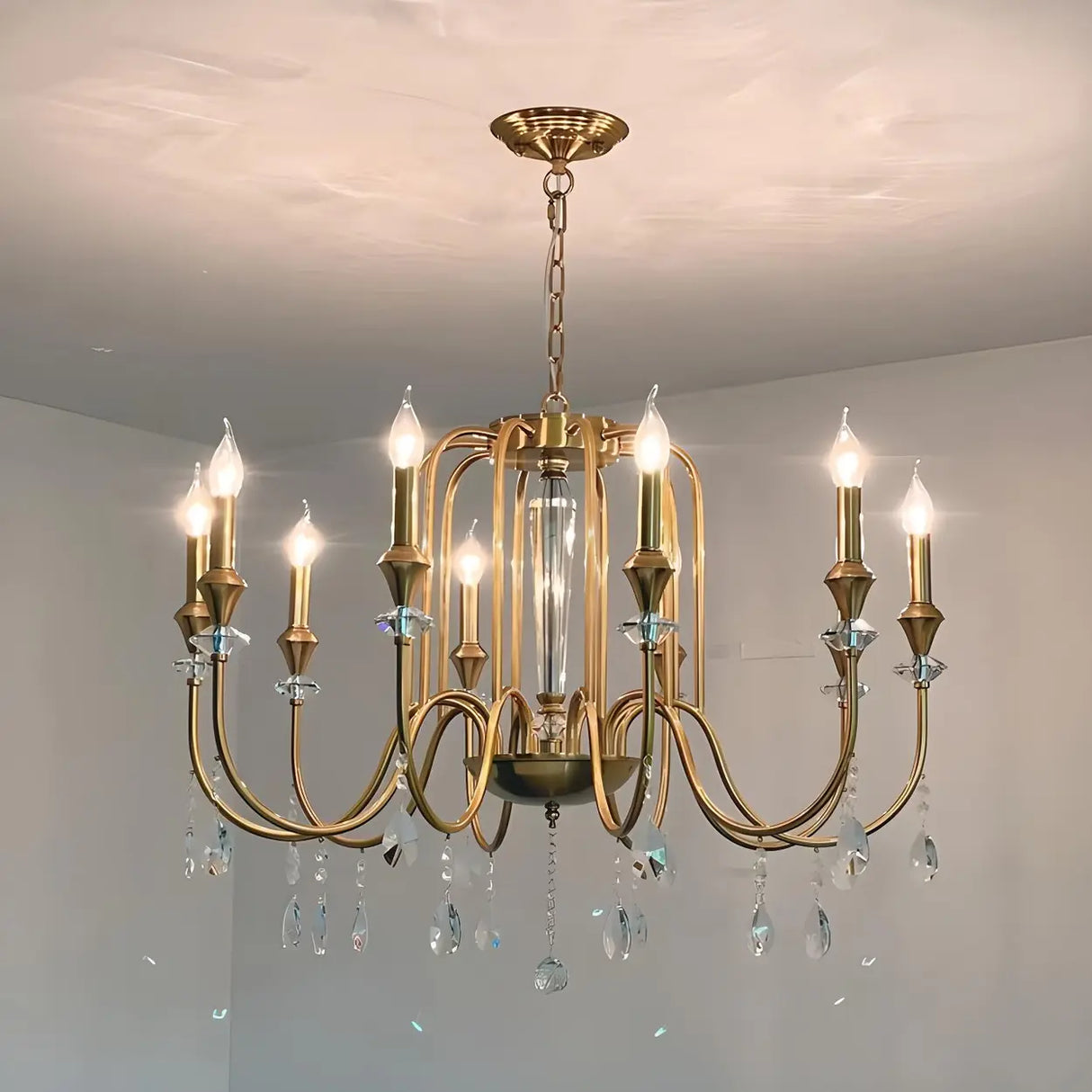 European Candle Bulbs and Crystal Drops Gold Chandelier Image - 3