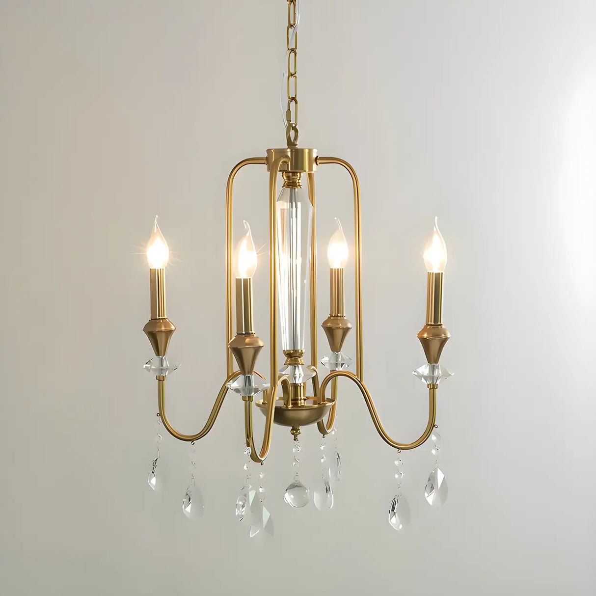 European Candle Bulbs and Crystal Drops Gold Chandelier Image - 4