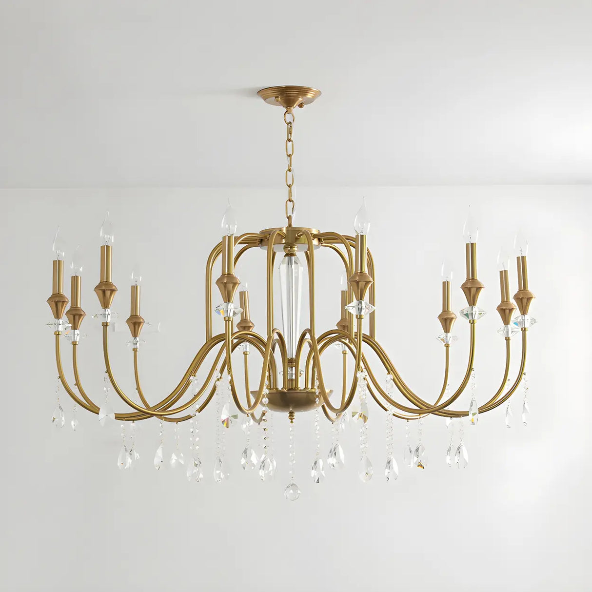 European Candle Bulbs and Crystal Drops Gold Chandelier Image - 5