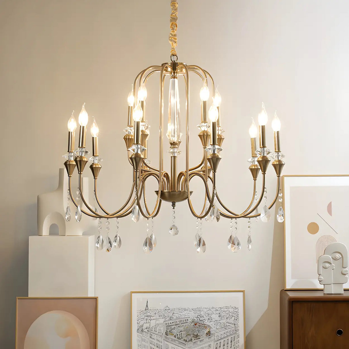 European Candle Bulbs and Crystal Drops Gold Chandelier Image - 6