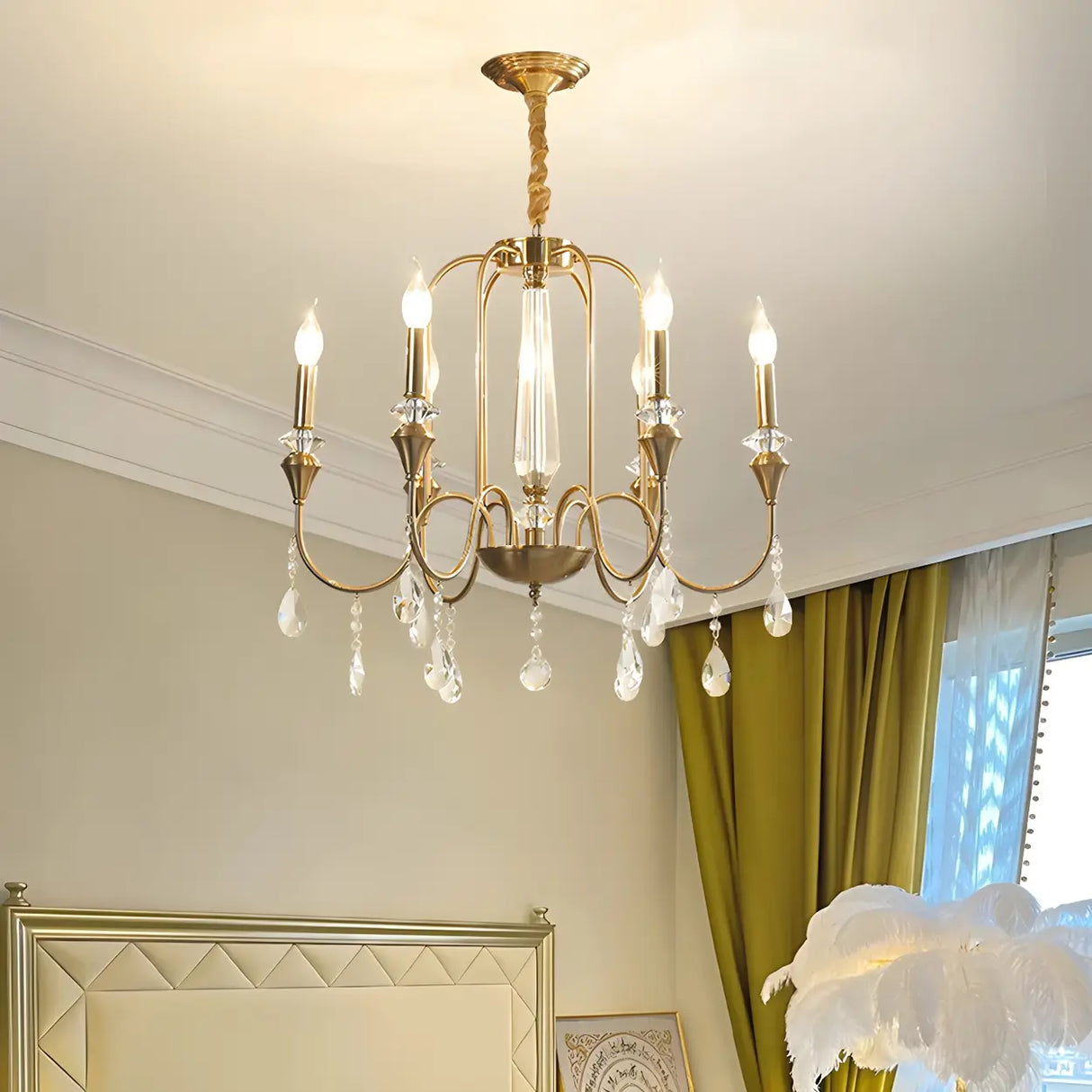 European Candle Bulbs and Crystal Drops Gold Chandelier Image - 7