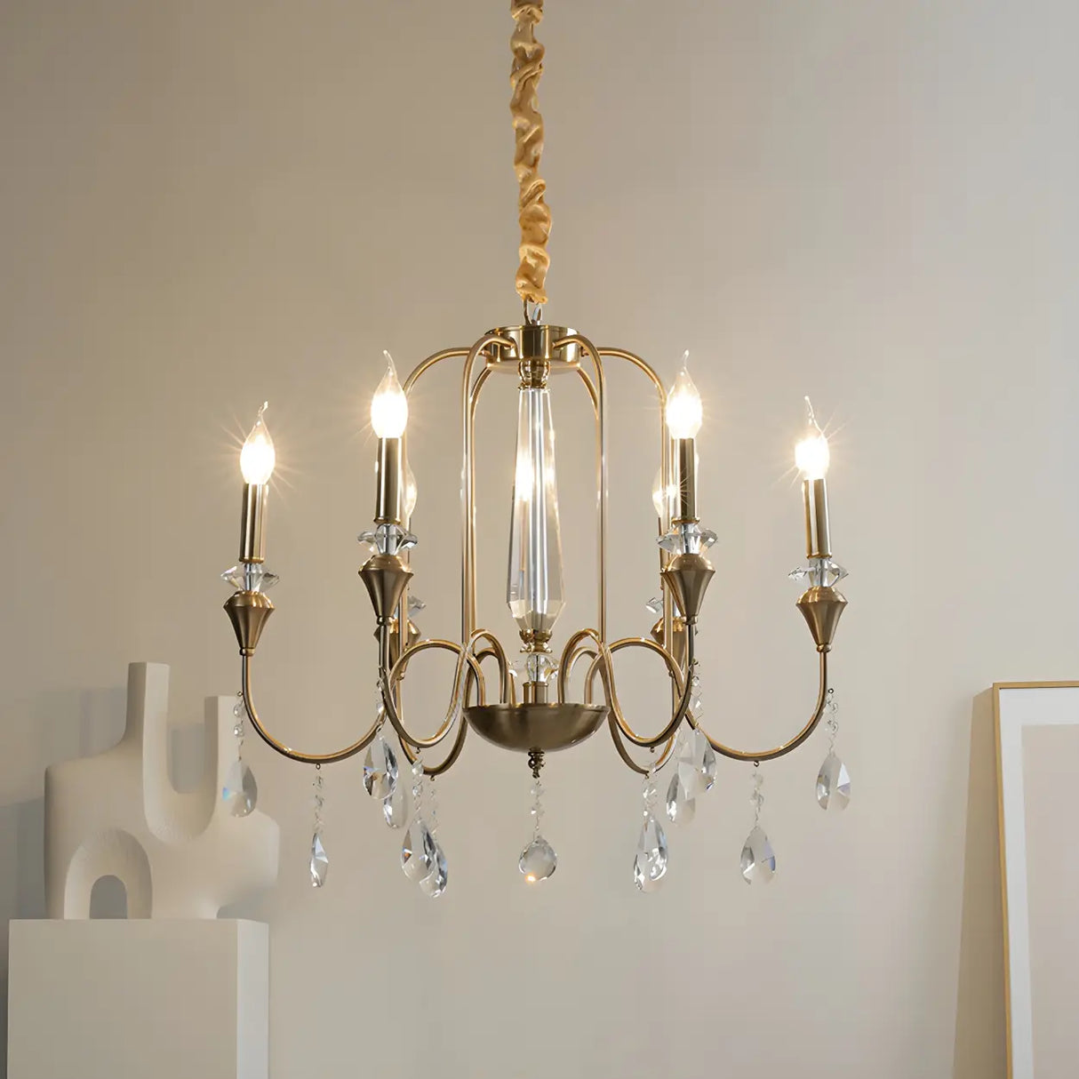 European Candle Bulbs and Crystal Drops Gold Chandelier Image - 8