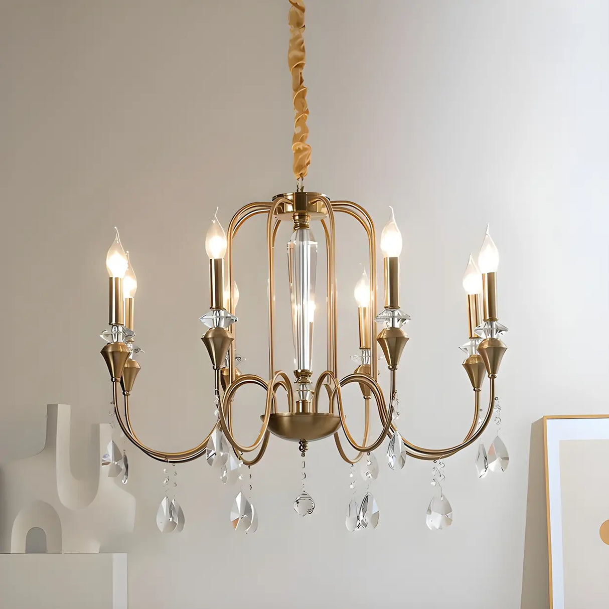 European Candle Bulbs and Crystal Drops Gold Chandelier Image - 9