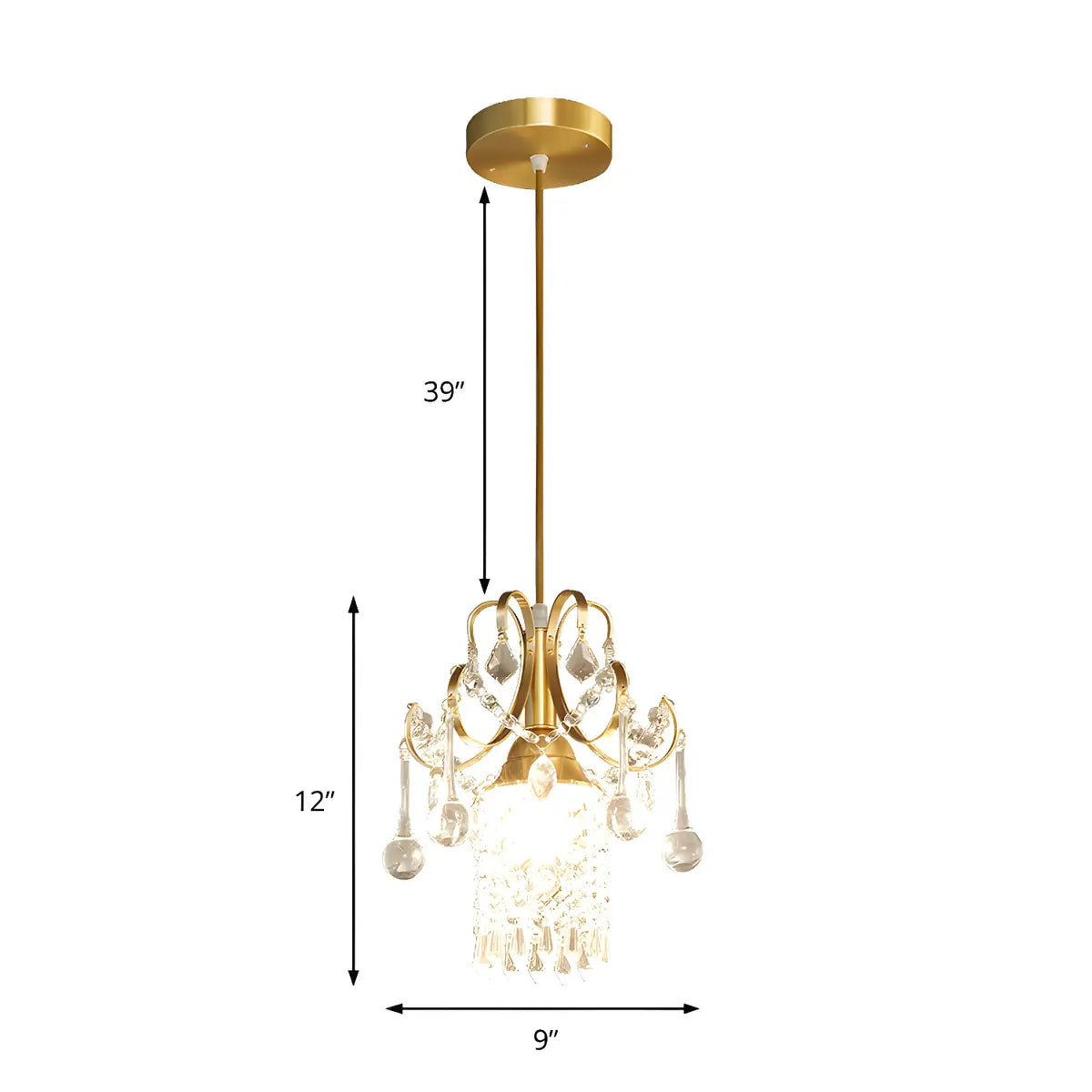 European Gold Curved Arm Crystal Dining Room Pendant Light