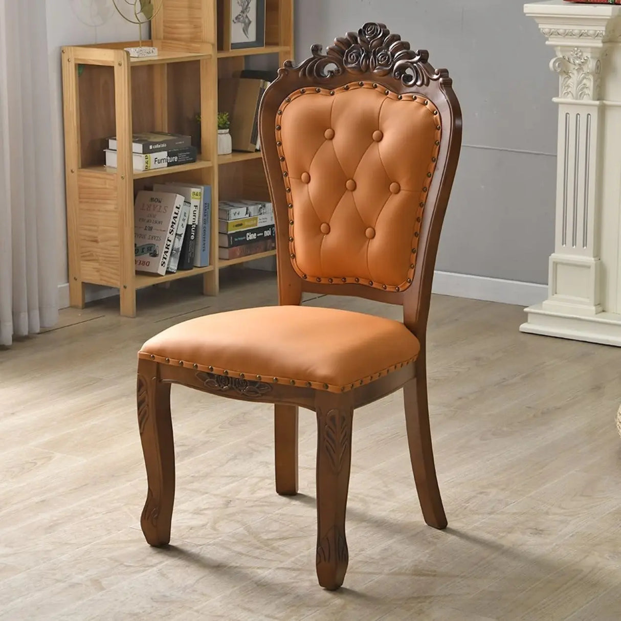 European Style Vintage Wooden Upholstered Dining Chair Image - 14
