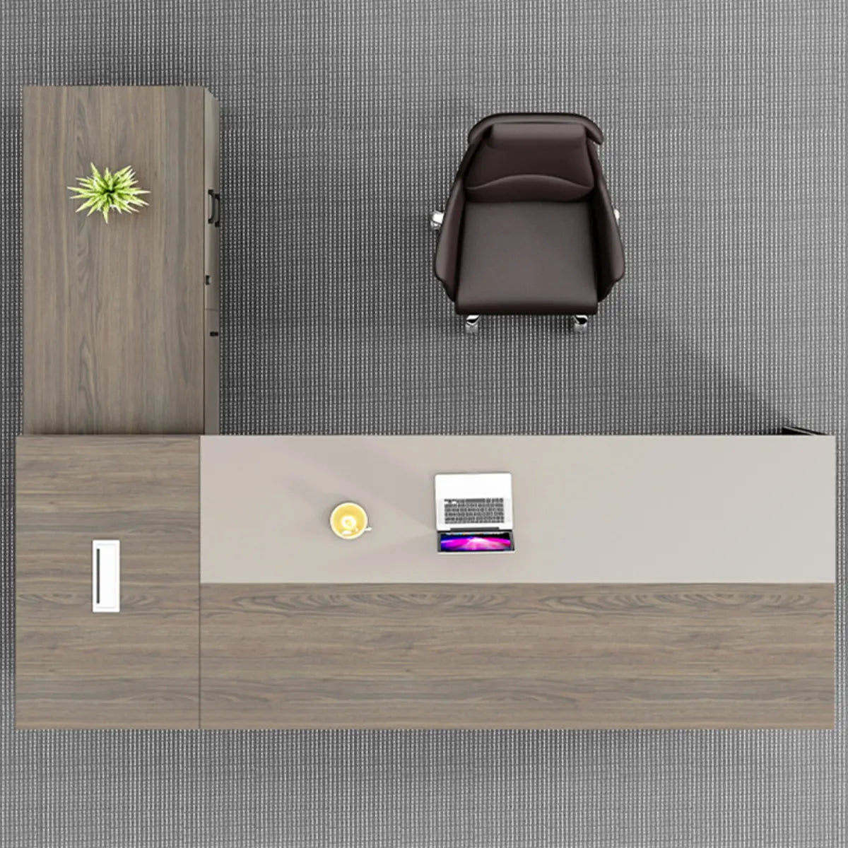 Executive Beige Brown Drawers L-Shape Long Office Desk Image - 11