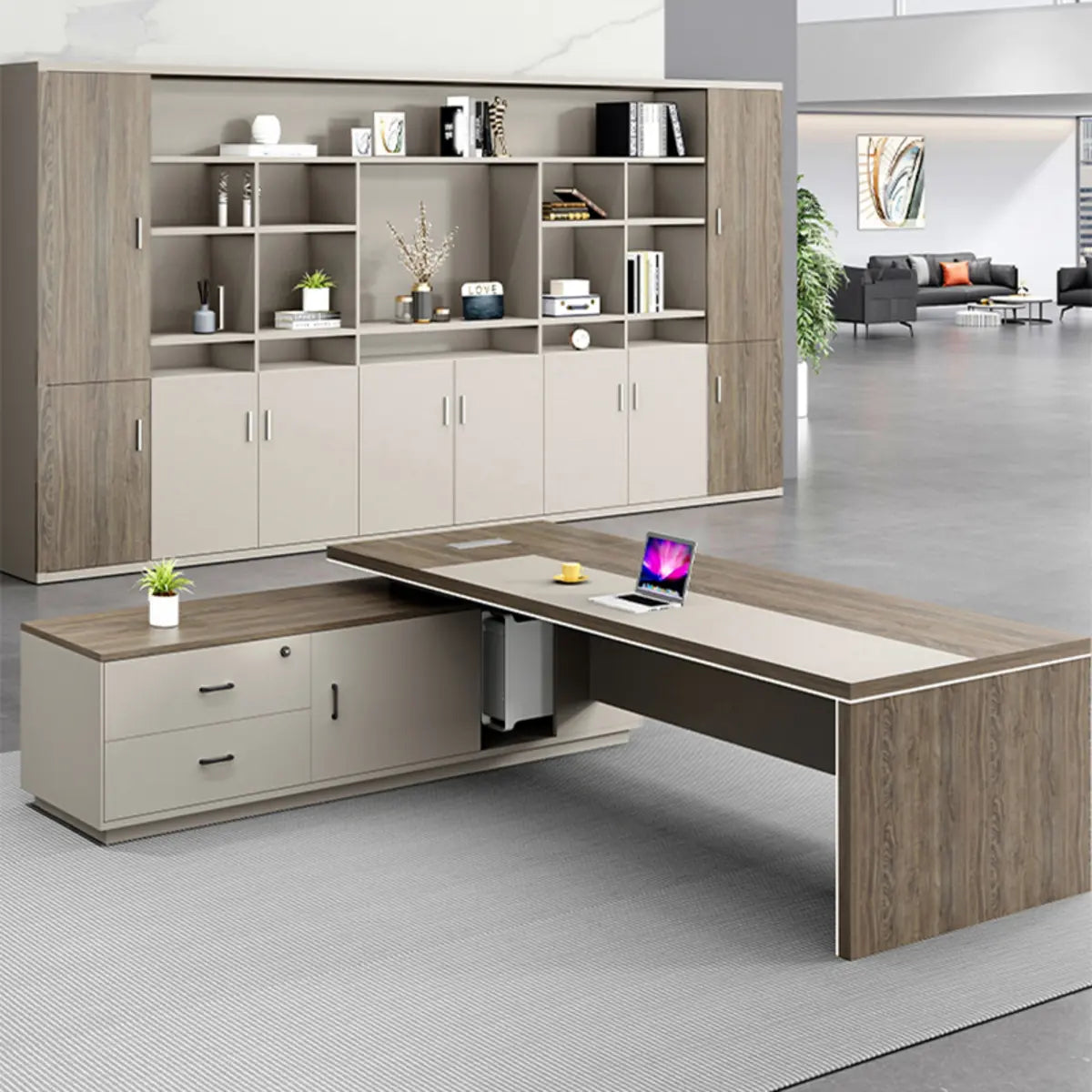 Executive Beige Brown Drawers L-Shape Long Office Desk Image - 3